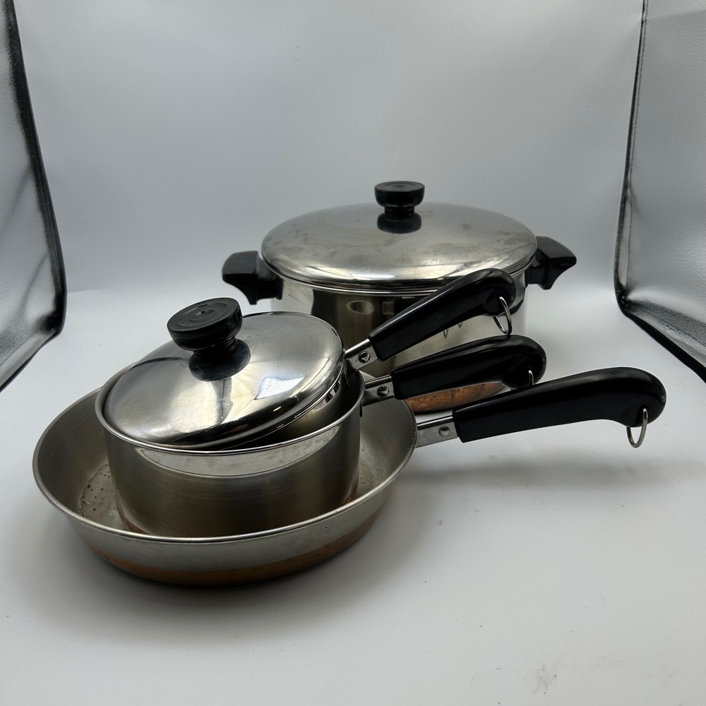 Revere Ware Cookware Set Unisex OS Silver Copper Bottom 5pc MCM Retro Kitchen